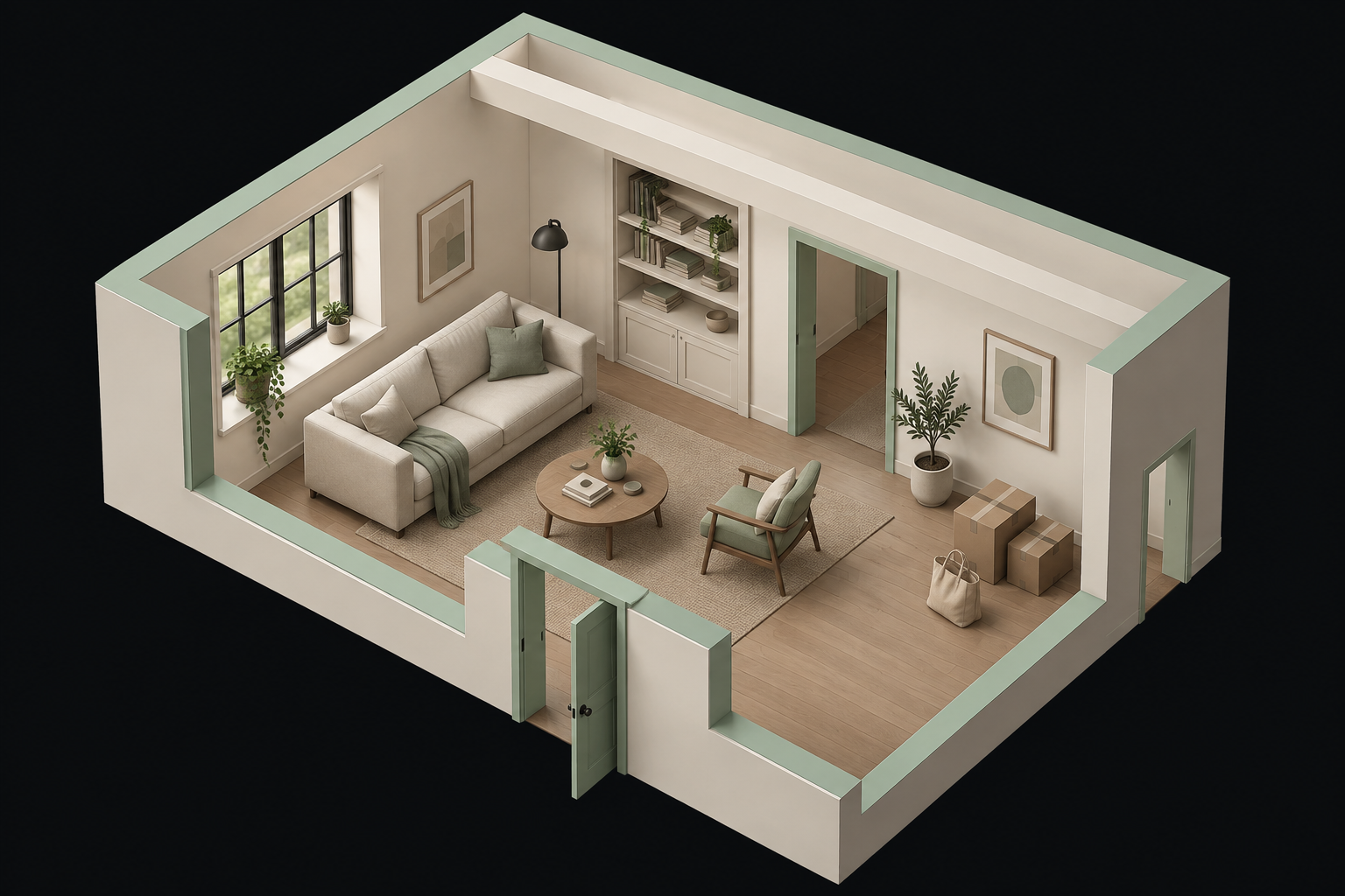 Conceptual cutaway living room with architecture, furniture and movable objects